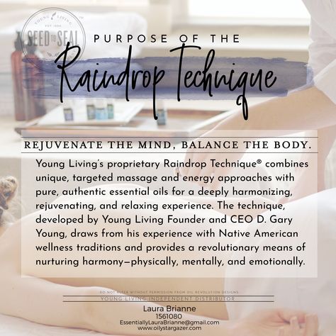 Purpose of the Raindrop Technique #Massage #Raindrop #EssentialOils #Rejuvenate #Balance  You can find the Raindrop collection at www.oilystargazer.com Raindrop Technique, How To Calm Nerves, Balance And Harmony, Yl Essential Oils, Aromatherapy Massage, Massage Benefits, Living Essentials Oils, Healing Therapy, Young Living Oils