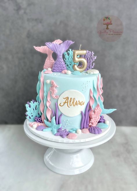 #mermaidcake One Tier Mermaid Birthday Cake, Mermaids Cake Birthday, Number 7 Mermaid Cake, Mermaid 5th Birthday Cake, Sea Cake Design, Mermaid Cake Ideas Birthdays, Mermaid Cake Fondant, Mermaid Birthday Cakes For Kids, Purple Mermaid Cake