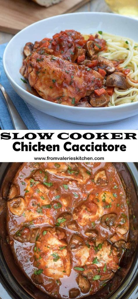 This Slow Cooker Chicken Cacciatore is rustic, comforting dish that will satisfy your craving for Italian. This super tender chicken cooks in a tomato-based sauce with garlic, Italian herbs, and mushrooms. #cacciatore #chickencacciatore #italianfood #slowcooker #crockpot Cacciatore Chicken, Chicken Cacciatore Slow Cooker, Crockpot Chicken Cacciatore, Slow Cooker Chicken Cacciatore, Homemade Spaghetti Sauce Easy, Cacciatore Recipes, Chicken Cacciatore Recipe, Bone In Chicken, Slow Cooker Pasta