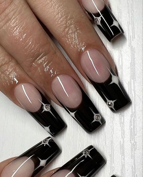 Black French Tip Nails With Star, Y2k Black French Tip Nails, Black French With Stars, Black Squoval Acrylic Nails, Black French Tip Nails With Stars, One Hand White One Hand Black Nails, Nails 2024 Black, Black French Tip With Stars, Goth French Tip Nails