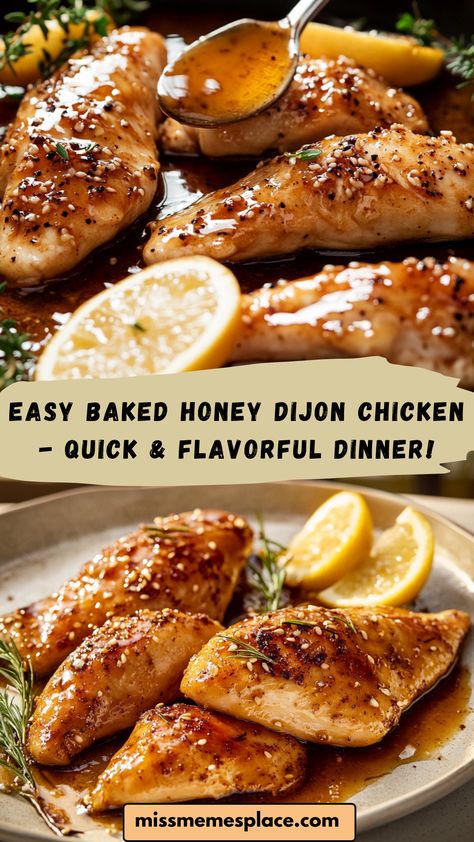 Discover the perfect weeknight dinner with this Easy Baked Honey Dijon Chicken recipe! Juicy chicken breasts coated in a delicious blend of honey and Dijon mustard, seasoned with herbs, and baked to perfection. Ready in under 30 minutes, this meal brings sweet and savory flavors together effortlessly. Perfect for a quick family dinner, meal prep, or impressing guests with minimal effort. Try this irresistible honey mustard chicken tonight! Honey Dijon Chicken Breast, Mustard Honey Chicken, Healthy Honey Chicken, Family Dinner Meal Prep, Baked Honey Dijon Chicken, Honey Chicken Breast, Mustard Marinade For Chicken, Chicken Dijon, Dijon Mustard Chicken