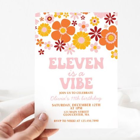 $2.82 | Retro Flower ELEVEN is a Vibe 11th Birthday | Birthday Invitations | retro, daisy, 70s, boho, girl, flowers, floral, burnt orange, eleven is a vibe, 11th birthday Boho Fonts, Preppy Theme, Retro Daisy, 70s Boho, Boho Girl, 11th Birthday, Retro Flowers, Party Card, Retro Floral