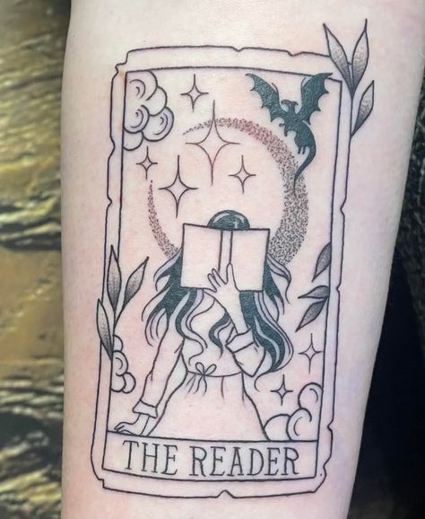 Reader Tarot Card Tattoo, The Reader Tarot Card Tattoo, Tattoos Cards, Tattoo Tarot Card, Reader Tattoo, Reading Tattoo, Woodcut Tattoo, Tarot Card Tattoo, Sibling Tattoos