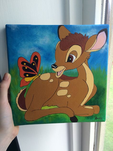 Bambi Painting, Tinker Bell Painting On Canvas, Flower From Bambi Drawing, Bambi Background Art, Simba And Nala Canvas Painting, Bambi Painting Canvas, Bambi And Thumper, Disney Paintings, Square Canvas