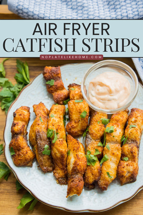 This delicious southern Air Fryer Cajun Catfish Strips recipe is made with simple ingredients and is seasoned with Cajun flavor without many of th efat and calories from frying. It has a crispy crust and tender center. It's coated in just a bit of oil and is ready in 15 minutes for a quick weeknight fish main dish or appetizer. Recipe includes a hot tarter sauce for dipping. This fish recipe is low-carb, Keto friendly and gluten-free as well! Click on the link to get this tasty recipe! Healthy Catfish Recipes, Air Fryer Catfish, Low Carb Cajun, Catfish Recipes, Keto Gluten Free, Creamy Chicken Recipes, Healthy Dinner Options, Easy Recipes For Beginners, Easy Air Fryer