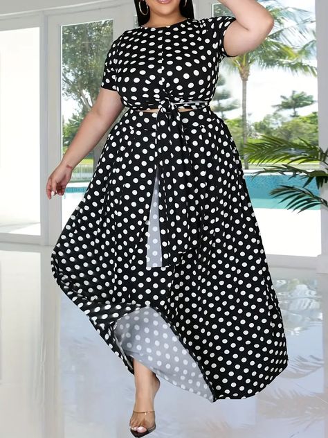 Plus Size Casual Outfits Two Piece Set Womens Plus Polka Print Short Sleeve Round Neck Tie Waist High Stretch Crop Top Maxi Skirt Outfits 2 Piece Set - Women's Curve+plus - Temu Outfits Two Piece, Plus Size Casual Outfits, Bandage Design, Maxi Skirt Crop Top, Maxi Skirt Set, Maxi Skirt Outfits, Black Two Piece, Plus Size Two Piece, Short Sleeve Cropped Top