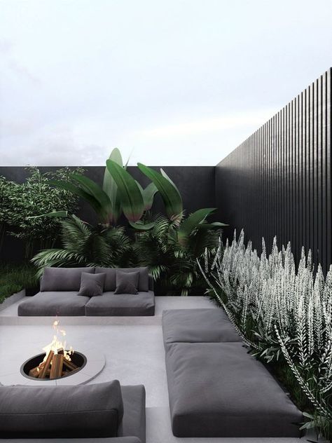 a modern terrace with simple low furniture, a firepit and lots of bold statement plants around the space - DigsDigs Diy Terrarium, Outdoor Living Design, Modern Garden Design, Outdoor Gardens Design, Terrace Design, Rooftop Garden, Design Exterior, Side Wall, Terrace Garden