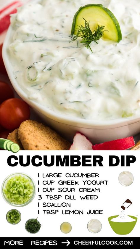 Cucumber Cottage Cheese Dip, Cucumber Dip Recipe Sour Cream, Cucumber Dill Dip, Greek Dips, Tzatziki Sauce Recipe Easy, Assyrian Food, Cucumber Dip Recipe, Cream Cheese Spread Recipes, Entertaining Snacks