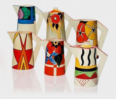 four-clarice-cliff-jugs-and-two-coffee-pots-and-covers Potter Art, Clarice Cliff, Coffee Pots, Strong Colors, Ceramic Artists, Face Cover, Coffee Pot, Ceramic Pottery, Pottery Art