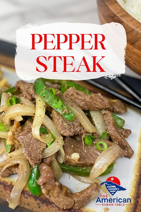 Tender strips of stir-fried beef and peppers are blended together in a savory soy, ginger and garlic sauce. Serve over a bed of white rice or with Cuban fried rice. #peppersteak #stirfry #beefstirfry Pepper Steak Recipe Pepper Steak Recipe Easy, Chinese Steak And Peppers, Authentic Pepper Steak Recipe, Pepper Steak Recipe With Noodles, Peper Steak Recipe Easy, Pepper Steak Recipe Easy Gravy, How To Make Pepper Steak, Chinese Pepper Steak With Onions, Chinese Pepper Steak With Onions Recipe