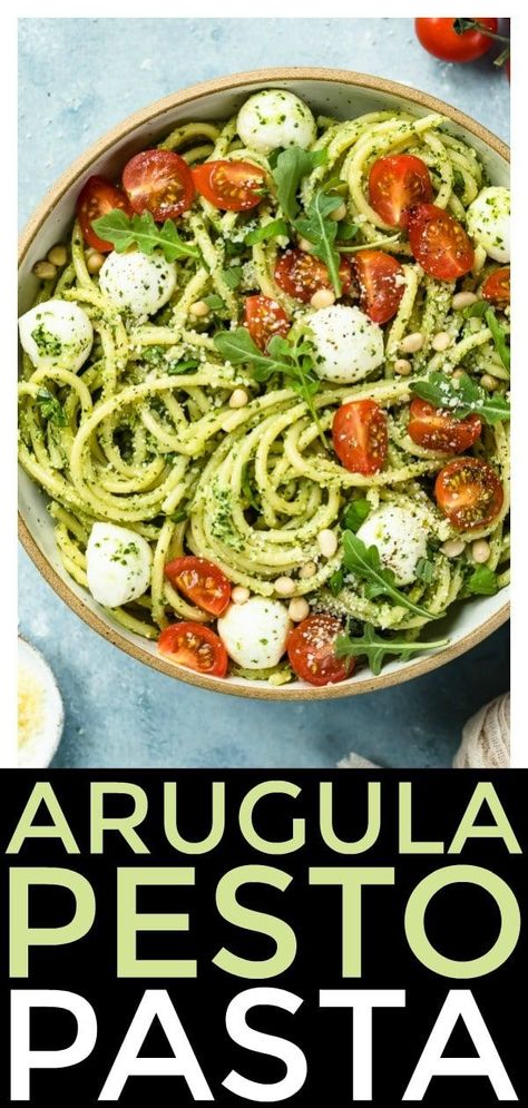 Pasta With Mozzarella, Mexican Pasta Recipes, Rotini Pasta Recipes, Tomatoes Burrata, Arugula Pasta, Arugula Recipes, Mozzarella Pearls, Pasta Easy, Arugula Pesto