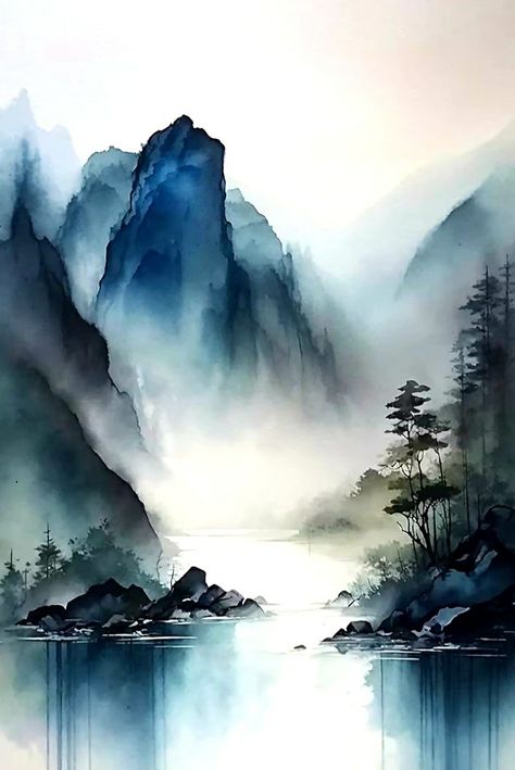 Nature Oil Painting Landscapes, Landscape Art Ideas, Gift Painting Ideas, Naturalism Art, Art For Love, Blue Art Painting, Zen Home, Mountains Painting, Zen Painting