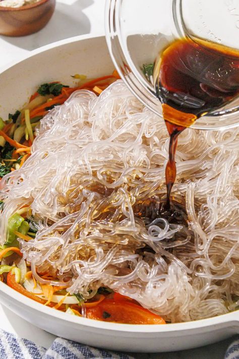 Sweet Potato Noodle Japchae Sweet Potato Noodle Recipes Korean, Yam Noodle Recipes, Sweet Potato Noodle Recipes Healthy, Sweet Potato Noodle Soup, Sweet Potato Vermicelli Recipes, Sweet Potato Noodles Asian, Sweet Potato Glass Noodle Recipes, Sweet Potato Noodle Recipes, Sweet Potato Glass Noodles Recipe