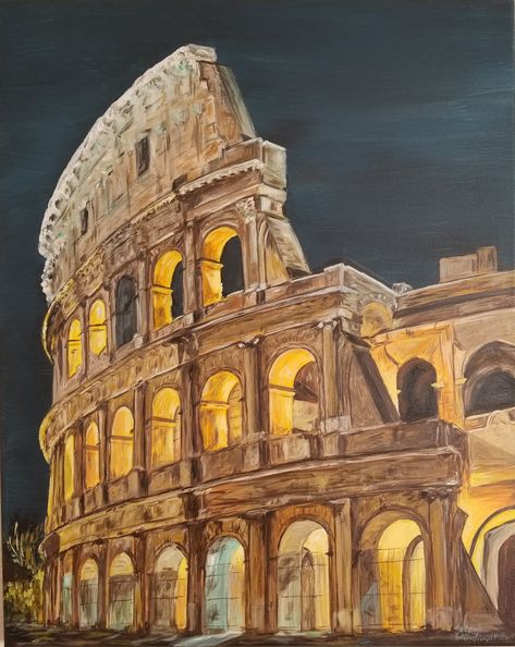 Colloseum Painting, Painting Ideas Architecture, Coliseum Painting, Architecture Painting Acrylic, Places And Spaces Gcse Art, Colosseum Drawing, Colosseum Art, Building Paintings, Architectural Painting