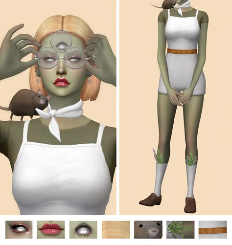 skintone - eyeliner - eyeshadow - lips - third eye - hair - glasses - earrings - rat - scarf - hand accessory - undershirt - top - shorts - socks - shoes @coloresurbanos @murphy-sims4 @goppolsme... Sims 4 Third Eye, Third Eye Sims 4 Cc, Sims 4 Alien Cc Maxis Match, Sims 4 Alien Cc Clothes, Sims 4 Monster Cc, Sims Alien, Sims 4 Alien, Eyeshadow Lips, Los Sims 4 Mods