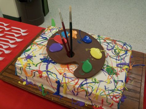 This is a cake we made for my daughter's National Art Honor Society Induction. The palette is solid chocolate. Yummy! National Art Honor Society Ideas, Paint Palette Cake, National Art Honor Society, Pallet Cake, Art Party Ideas, Palette Cake, Paint Cake, Chocolate Palette, Kids Painting Party