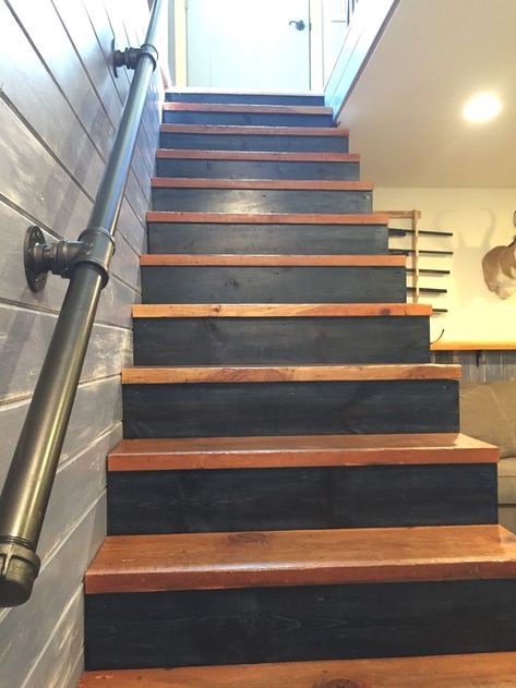 #basement #basementrenovation #diy Basement Stairway Railing Ideas, Stained Basement Stairs, Farmhouse Basement Stairs, Basement Railing Ideas, Redo Basement Stairs, Basement Stairs Makeover, Basement Stair Railing Ideas, Industrial Basement, Basement Stairs Ideas