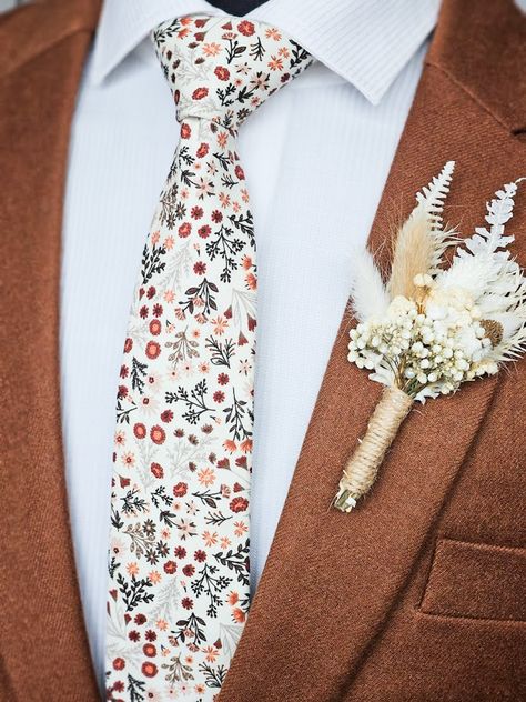 Terracotta Floral Tie, Orange And Cream Wedding, Fall Wedding Groomsmen, Groom And Groomsmen Suits, Rusting Wedding, Burnt Orange Weddings, Groom Wedding Attire, Wedding Tie, Sage Green Wedding