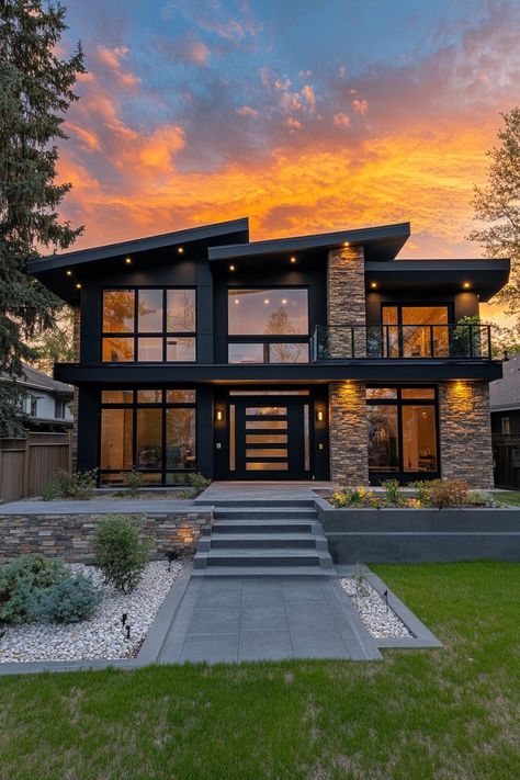 Luxury modern house in stone siding black flat roof LED lighting large front deck in concrete epoxy landscape with concrete plant beds sunset in. Check out these stunning luxury modern homes with a perfect blend of style, comfort, and innovation.