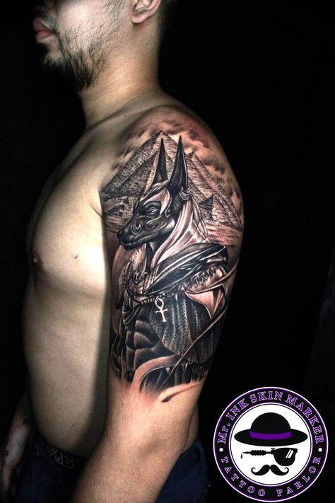 Anubis Shoulder Tattoo, Anubis And Horus, Dragon Tattoo Shoulder, Tattoo Black And Grey, Tattoo Realism, Egyptian Tattoo Sleeve, Anubis Tattoo, Tattoo Shoulder, Egypt Tattoo