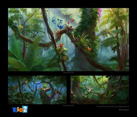 Aidan Sugano - Rio 2 concept art Caterpillar Book, Illustration Reference, Blue Sky Studios, Jungle Mural, Tropical Painting, Color Script, Forest Illustration, Nature Drawing, Character Design Animation