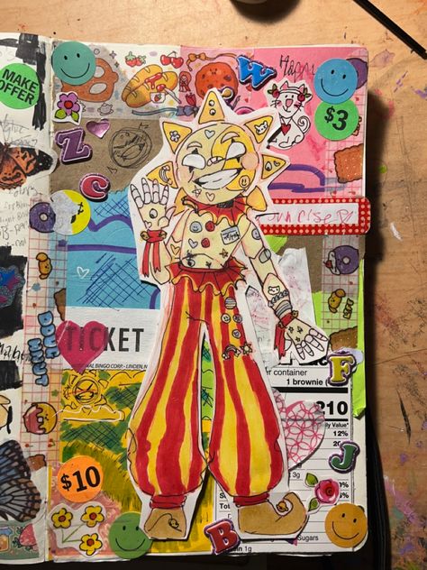 Kidcore sundrop daycar colorful scrapbook sketchbook marker Sketchbook Marker Drawings, Fnaf Sketchbook Page, Maximalist Scrapbook, Maximalist Sketchbook, Colorful Sketchbook Pages, Sketchbook Pages Doodles, Thick Sketchbook Page Ideas, Colorful Sketchbook Ideas, Fnaf Sketchbook