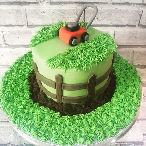 Lawn mower cake Landscaping Cake Ideas, Landscape Cake Design, Lawn Mowing Cake, Lawnmower Birthday Cake, Lawn Mower 2nd Birthday Party, Lawn Mowing Birthday Party, Lawn Mower Themed Birthday Party, Lawn Mower Birthday Cake, Lawnmower Birthday Party