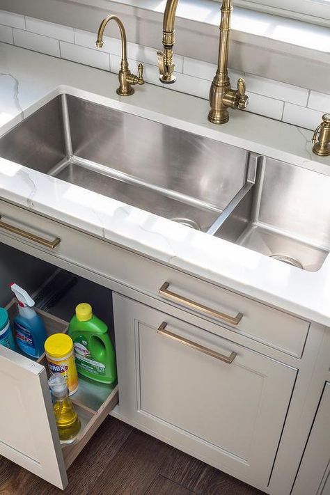 Under Sink Pull Out Tray - Transitional - Kitchen Award Winning Kitchen, Kitchen New York, Kitchen Drawer Pulls, Kitchen Sink Design, Stainless Sink, Steel Kitchen Sink, White Quartz Countertop, Custom Kitchens, Sink Design