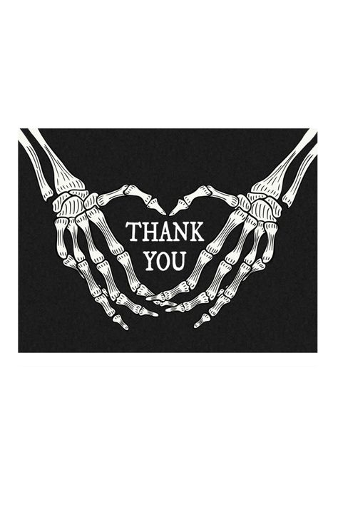 black card front with white skeleton hands in the shape of a heart and white vintage style text reading thank you Goth Thank You Card, Skeleton Heart Hands, Goth Skeleton, Skeleton Heart, Goth Wedding, Grass Valley, Business Thank You Cards, A Skeleton, Cricut Designs