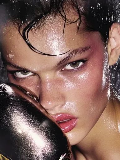 ↑↑↑ Larger size on website 🔸 A close-up portrait of a young woman with wet, shiny skin. Her dark hair is pulled back, revealing a Boxer Portrait, Strong Jawline, Wet Style, Female Boxers, Wet Skin, Shiny Skin, Close Up Portraits, Raw Beauty, 90s Aesthetic