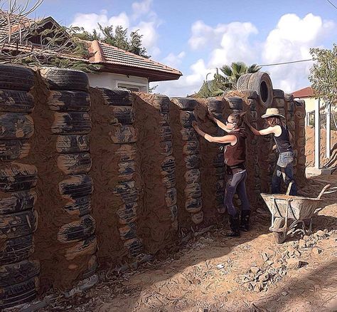 Building with discarded tires. Tire Wall, Wall Video, Sustainable Building Design, Reuse Old Tires, Tire Swings, Eco Buildings, Earthship Home, Tyres Recycle, Diy Fence