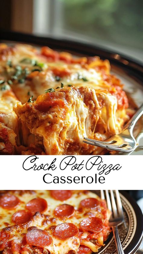 Enjoy the taste of pizza in a hearty, comforting casserole made in your slow cooker! This crock pot pizza casserole layers perfectly cooked pasta, marinara sauce, melty cheese, and your favorite pizza toppings for an easy and delicious meal. Great for busy weeknights or potlucks, this recipe is customizable to suit any pizza lover’s cravings! Pizza Casserole Recipe Crockpot, Pizza Pasta Bake Casserole, Pizza Crockpot Recipes, Crock Pot Meals For A Crowd, Crockpot Casserole Recipes, Crock Pot Pizza Casserole, Pizza Spaghetti Casserole, Easy Pizza Casserole, Crockpot Casseroles