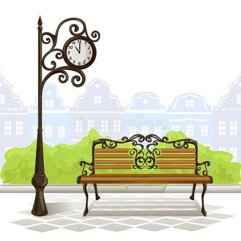 Bench, street clock, old town. Vector illustration stock illustration Bench Illustration, Clock Old, Bed Vector, Valentine's Day Illustration, Old Beds, Architecture Graphics, Diy Sofa, Stock Photography Free, Cool House Designs