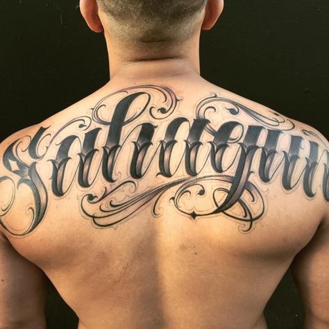 Last Name Old English Back Tattoos For Men - 4 betting tips #backtattoo #tattoosformen Shoulder Name Tattoo, Name Tattoos On Back, Last Name Tattoos, Tattoo Letras, Tattoo Calligraphy, Font Tato, Tato Ikan Koi, Lettering Tattoos, Chicanas Tattoo