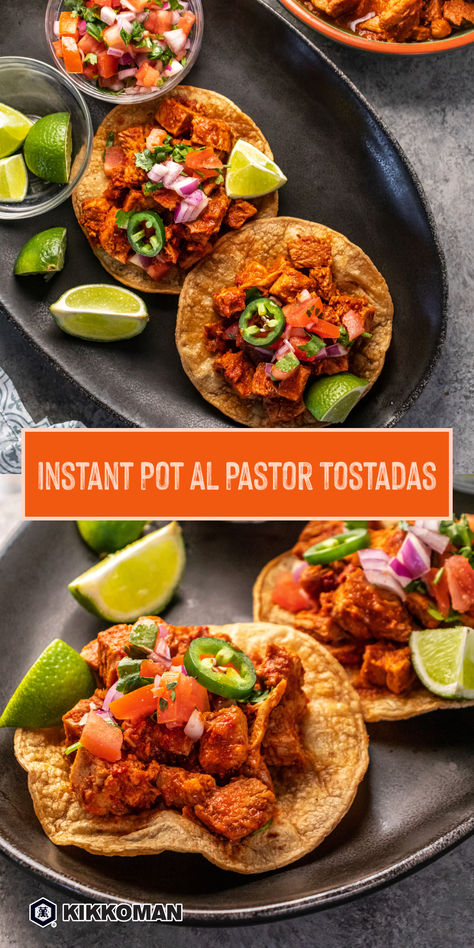 Transform dinner into a fiesta with Instant Pot Al Pastor Tostadas, featuring tender pork marinated in a tangy blend of Kikkoman® Soy Sauce and pineapple, then served on crispy tostadas with fresh pico de gallo and a squeeze of lime! #Kikkoman Instant Pot Al Pastor, Pork Adobo, Tacos Al Pastor, Fusion Food, Kikkoman Soy Sauce, Pressure Cooker, Instant Pot Recipes, Soy Sauce, Pot Recipes