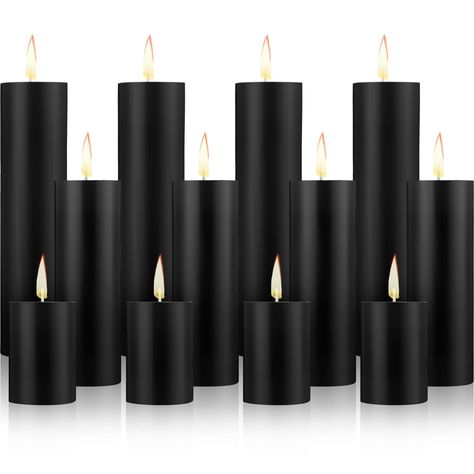 PRICES MAY VARY. Sufficient for Demands: the package contains a total of 12 pieces of black candles for home in 3 sizes and 4 pieces for each size, this sufficient quantity for daily use and replacement needs, you can also share them with others 3 Sizes for Daily Life: our unscented pillar candles are available in 3 sizes, namely approx. 2 x 3 inches/ 5 x 7.5 cm, 2 x 6 inches/ 5 x 15 cm and 2 x 8 inches/ 5 x 20 cm, proper and suitable, you can choose the proper size according to your needs Trust Black Pillar Candles Wedding, Black Table Decorations For Party, All Black Balloon Decor, All Black Table Setting, Black Tablesetting, Minimalist Wedding Table Decor Simple Centerpieces, Black Candlesticks Wedding, Men Party Ideas Decoration, All Black Dinner Party Decor