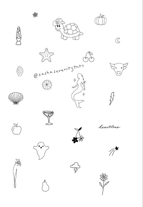 Tattoos That Represent Femininity, Small Image Tattoos, Fun Tiny Tattoos, Small Tattoo Danty, Dainty Tattoo Flash Sheet, Cute Small Girly Tattoos Unique, Girly Small Tattoos, Girly Cute Tattoos, Small Hippy Tattoos