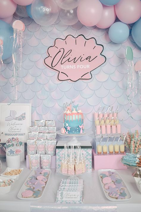 Under The Sea Birthday Party Food, Mermaid Party Backdrop, Christening Theme, Sea Birthday Party Decorations, Mermaid Party Ideas, Christening Themes, Mermaid Party Food, Girls Mermaid Party, Mermaid Birthday Party Decorations