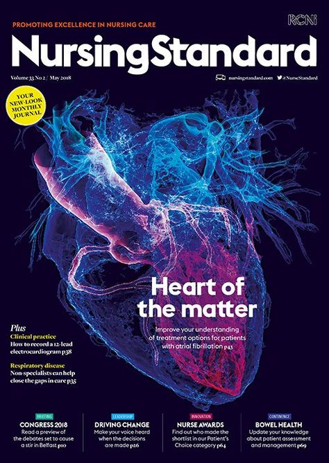 Nursing Standard. Front cover of the 2nd May 2018 issue features 3D CT image of a heart created by Dr K H Fung (image reference: https://journals.rcni.com/toc/ns/33/2) Graphic Design Medical, Medical Magazine Cover, Poster Medical Design, Medical Posters Creative, Medical Graphic Design, Medical Magazine, Magazine Cover Page, Magazine Design Cover, Scientific Poster