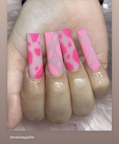 Brown And Pink Cow Print Nails, Pink Cow Print Nails Acrylic Long, Pink Cow Nail Designs, Different Color Cow Print Nails, Short Pink Cow Print Nails, Cow Print Nails Colorful, Colored Cow Print Nails, Cow Pink Nails, Glitter Cow Nails