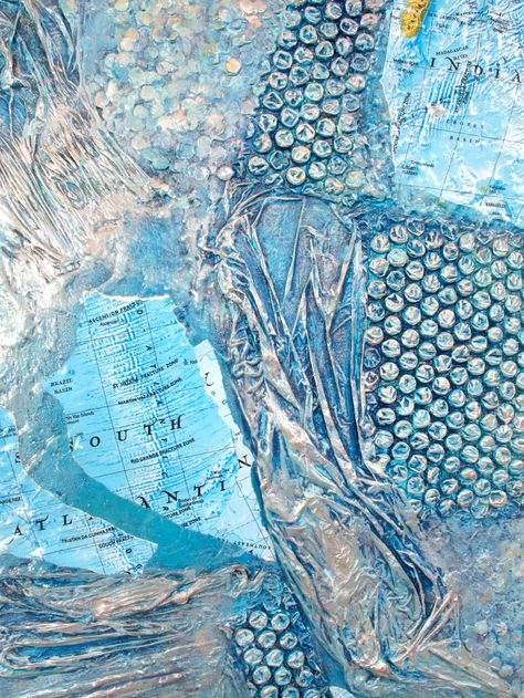 mixed media art with maps Easy Sculptures, Art With Maps, Bubble Wrap Painting, Drawing Maps, Bubble Wrap Art, Cartography Art, Ocean Texture, Mixed Media Texture, Loved Drawing