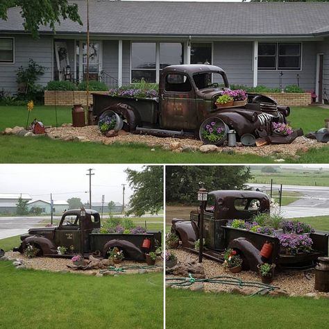 Love the look! Old Trucks Yard Decor, Old Truck Garden Ideas, Old Truck Yard Art, Old Truck Landscape Ideas, Truck Yard Art, Townhouse Landscaping, Yard Art Ideas, Tractor Decor, Outdoor Yard Ideas