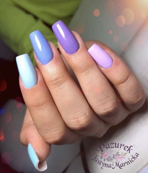 Pastel Blue Purple Nails, Blue And Purple Nails Simple, Nail Ideas Blue And Purple, Blue Purple Gradient Nails, Blue Purple White Nails, Lavender And Light Blue Nails, Blue To Purple Nails, Pastel Purple And Blue Nails, Different Shades Of Purple Nails Acrylic