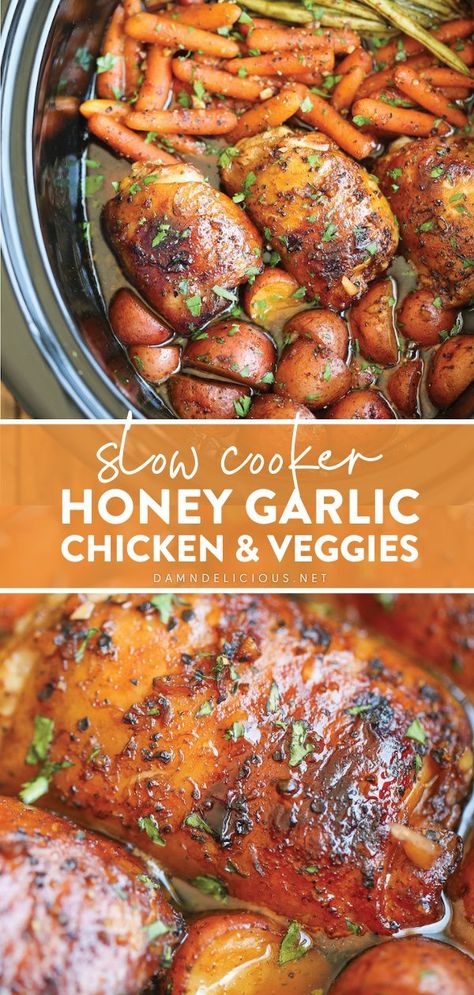 This slow cooker recipe is great to have on hand! Simply throw everything in the crockpot for the easiest one-pot meal ever. No cooking, no sautéing needed! Plus, you will love how these chicken thighs and veggies are packed full of honey garlic flavor! Save this pin! Honey Garlic Chicken And Veggies, Slow Cooker Honey Garlic Chicken, Resep Vegan, Veggies Recipes, Chicken And Veggies, Salad Pasta, No Cooking, Honey Garlic Chicken, Crock Pot Slow Cooker