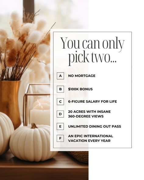 Alright, it’s decision time! You can only pick two… What’s it going to be? 🤔

(A) No mortgage (yes, please!)
(B) $100K bonus (hello, instant upgrade!)
(C) 6-figure salary for life (who wouldn’t?)
(D) 20 acres with jaw-dropping 360 views (dreamy, right?)
(E) Unlimited restaurant pass (tacos every day? Count me in!)
(F) Epic international trip every year (passport, ready!)

If i had to choose, I would go with [ option 1 ] & [option 2 ]. How about you?👇


#dionesellshomes #chicagoland #realestate International Trip, Day Count, Real Talk, For Life, Tacos, Restaurant, Canning