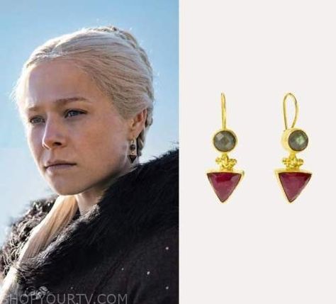 House of the Dragon: Season 1 Episode 8 Rhaenyra's Green/Red Geometric Drop Earrings Rhaenyra Jewelry, Dragon Clothes, Dragon Fashion, Tv Show House, Dragons Clothes, Show House, Worn On Tv, Where To Buy Clothes, Rhaenyra Targaryen