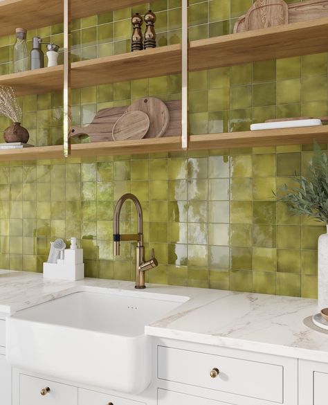 Green Tile Backsplash, Green Backsplash, Green Tiles, Ceramic Square, Reflecting Light, Backsplash Designs, Tile Trim, Green Tile, Stunning Kitchens