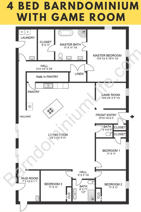 We’ve got some incredible 4 bedroom barndominium floor plans for you. These layouts are perfect for larger families, multi-generational families, or even those who love to entertain.  Giving extra privacy to the main bedroom suite, this 4 bedroom barndominium floor plan also boasts a game room that will give the kids their own space to play and entertain friends.   Two full baths and a half bath means you can avoid many of the fights that arise when the family is trying to get ready. Barndominium With Game Room, 4 Bedroom 4 Bath Barndominium Floor Plans, Floor Plans 4 Bedroom Barndominium, 4 Bedroom With Office Barndominium Floor Plans, 4 Bedroom Barndominium Floor Plans With Playroom, Barndominium With Playroom, 4 Bedroom 3 Bath Barndominium Floor Plans, 4 Bedroom House With Office, 4 Bedroom 3 Bath Barndominium