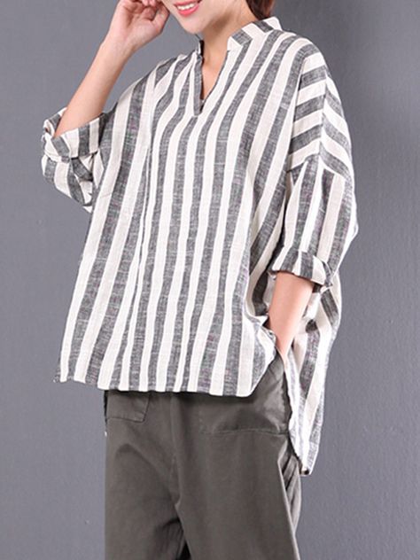 Vertical Striped Shirt, Asymmetrical Shirt, Sweet Shirt, Linen Blouse, Woman Standing, Women Clothes, Linen Clothes, Plus Size Blouses, Striped Blouse