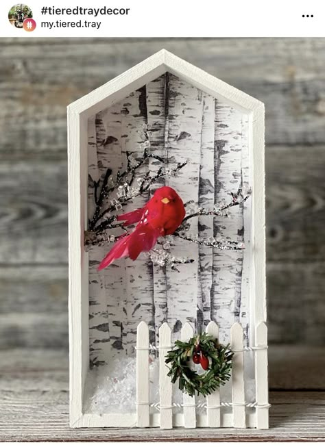 Rustic Christmas Crafts To Sell, Christmas Cardinals Decorations, Everyday Crafts To Sell, Farmhouse Birdhouse, Christmas Diorama, Christmas Shadow Boxes, Dollar Tree Christmas, Dollar Tree Diy Crafts, Christmas Wood Crafts